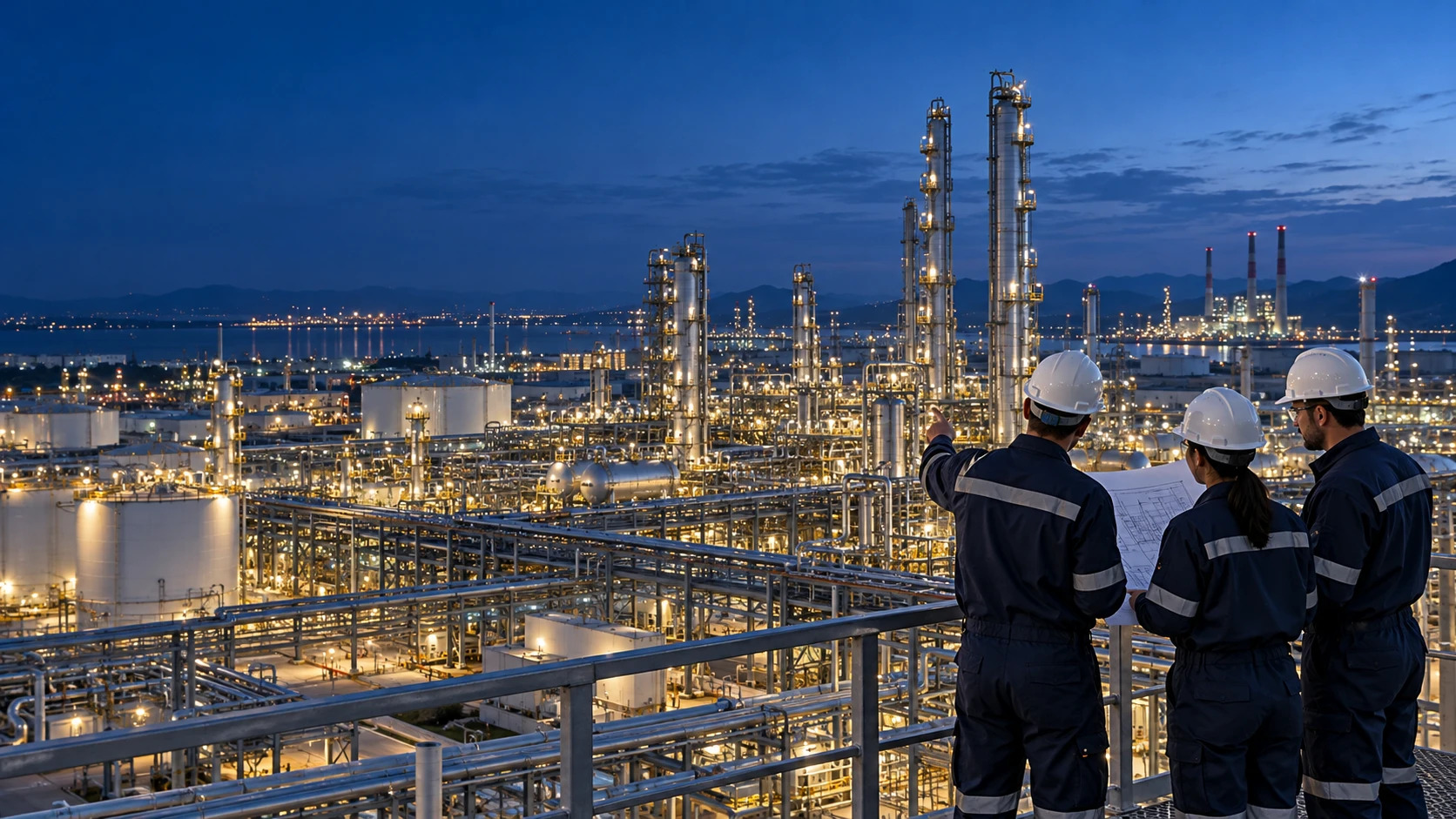 Illustrative engineering team reviewing plans overlooking a modern energy facility