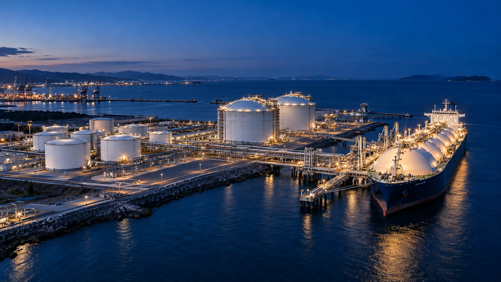 Illustrative fuel and LNG terminal illuminated beside a harbor at dusk